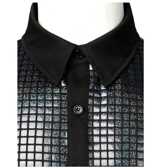 Black Shiny Sequins Long Sleeve Button Down Shirt - Picture 4 of 7